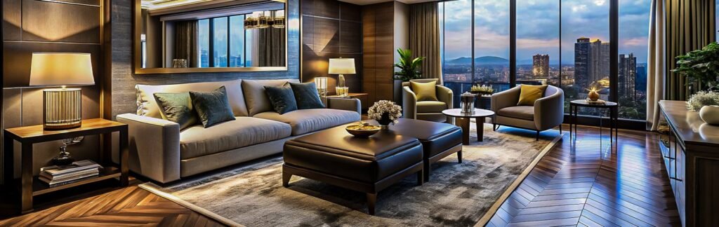Luxurious living room with city view and elegant decor