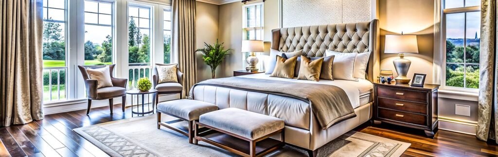 Elegant bedroom with tufted bed, benches, and large windows
