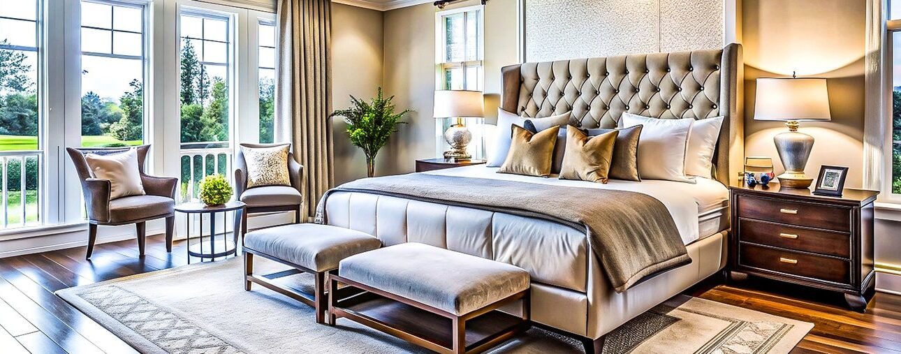 Elegant bedroom with tufted bed, benches, and large windows