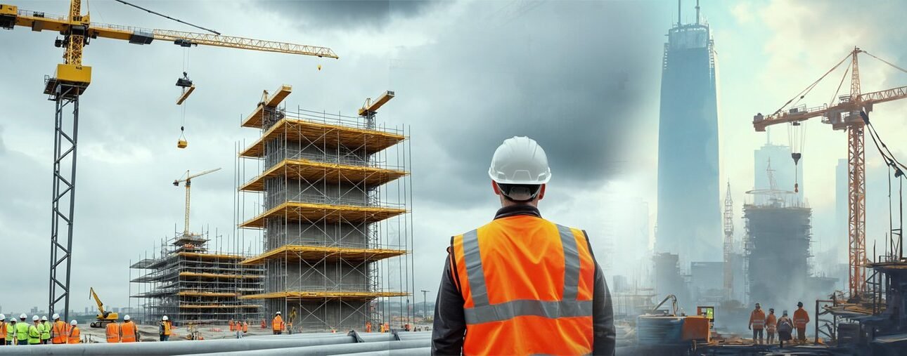 Urban construction site with cranes, scaffolding, and workers